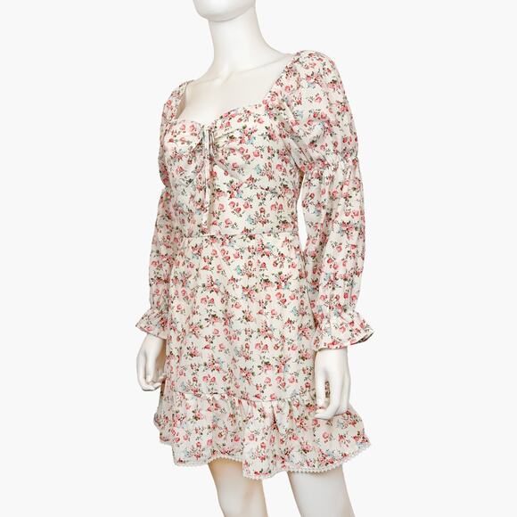 NWT WOVEN PINK Floral Puff Sleeve Mini Dress (Cream | Size S) - Picture 2 of 10